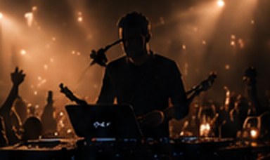 A guitarist on a lit stage