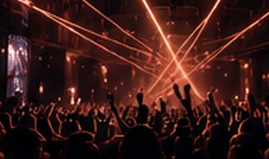 Nightclub crowd under a chandelier